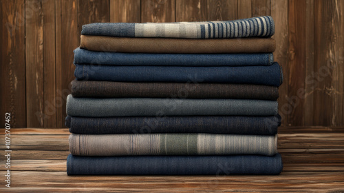 "Denim Style: Stack of Jeans and Trousers on Rustic Wooden Background"