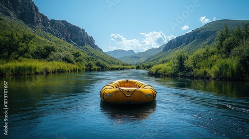 A bright yellow raft floats on a serene river surrounded by hills.