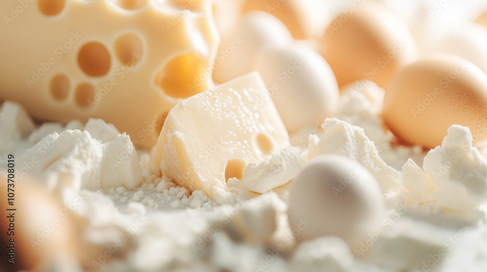 Scene photography of yummy yellow cheese with a lot of appetite white and orange eggs Scene photography of yummy yellow cheese with a lot of appetite white and orange eggs