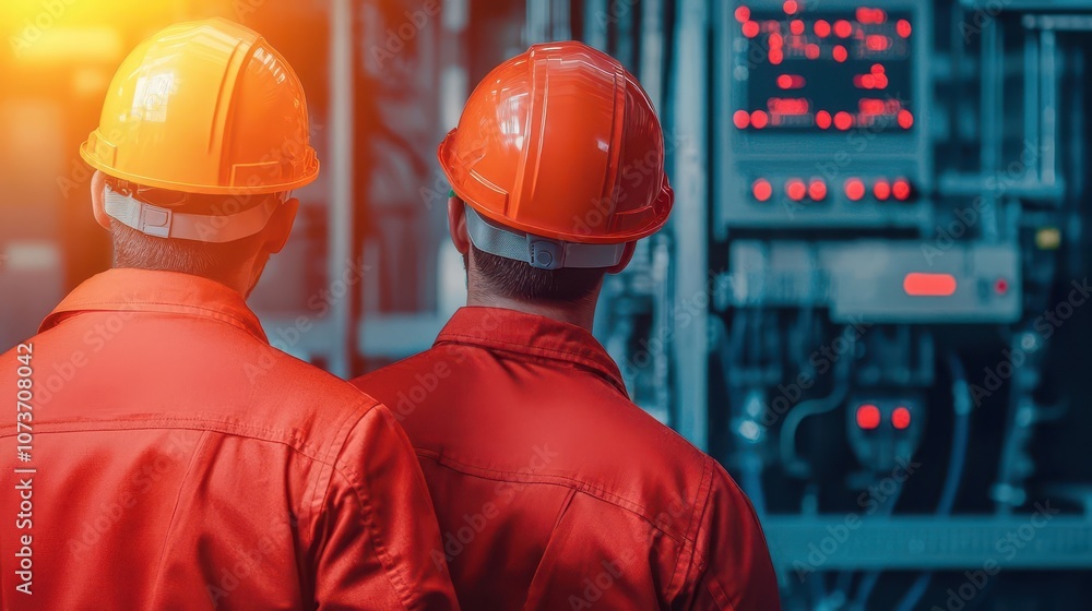 A team of engineers inspecting and maintaining electrical systems, with digital displays showing performance metrics A team of engineers inspecting and maintaining electrical systems, with digital displays showing performance metrics