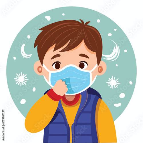 Illustration of a sick boy wearing a health mask