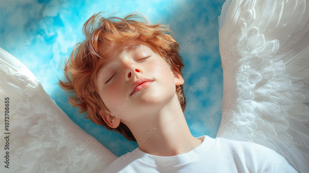 Naklejka premium A serene young child with angel wings resting peacefully against a soft blue background