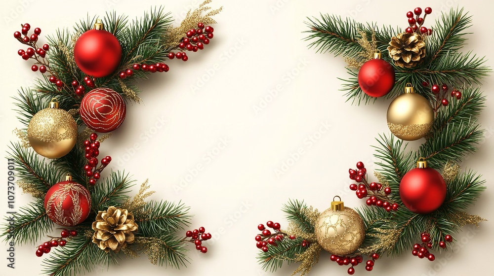 Festive Christmas Frame with Red and Gold Ornaments, Pine Leaves, and Berries Festive Christmas Frame with Red and Gold Ornaments, Pine Leaves, and Berries