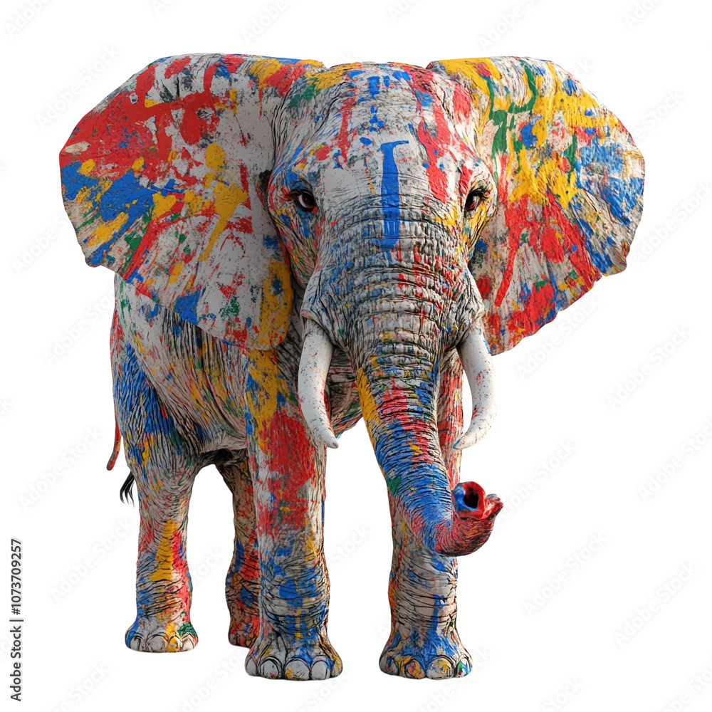 Obraz premium Elephant with vibrant paint splatters, isolated on a white background. PNG transparent.