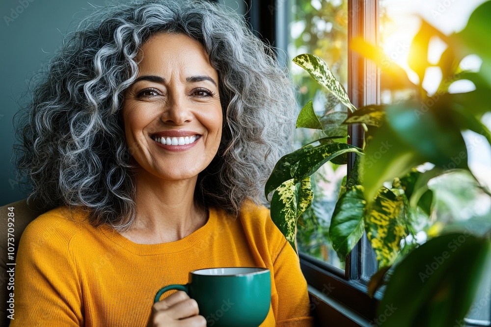 Joyful woman with curly hair holding a green mug, sitting near a window with plants, enjoying a moment of relaxation and warmth in natural light. Joyful woman with curly hair holding a green mug, sitting near a window with plants, enjoying a moment of relaxation and warmth in natural light.
