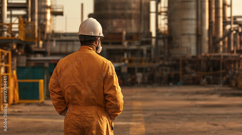 American Man in Safety Suit at Industrial Accident Site American Man in Safety Suit at Industrial Accident Site