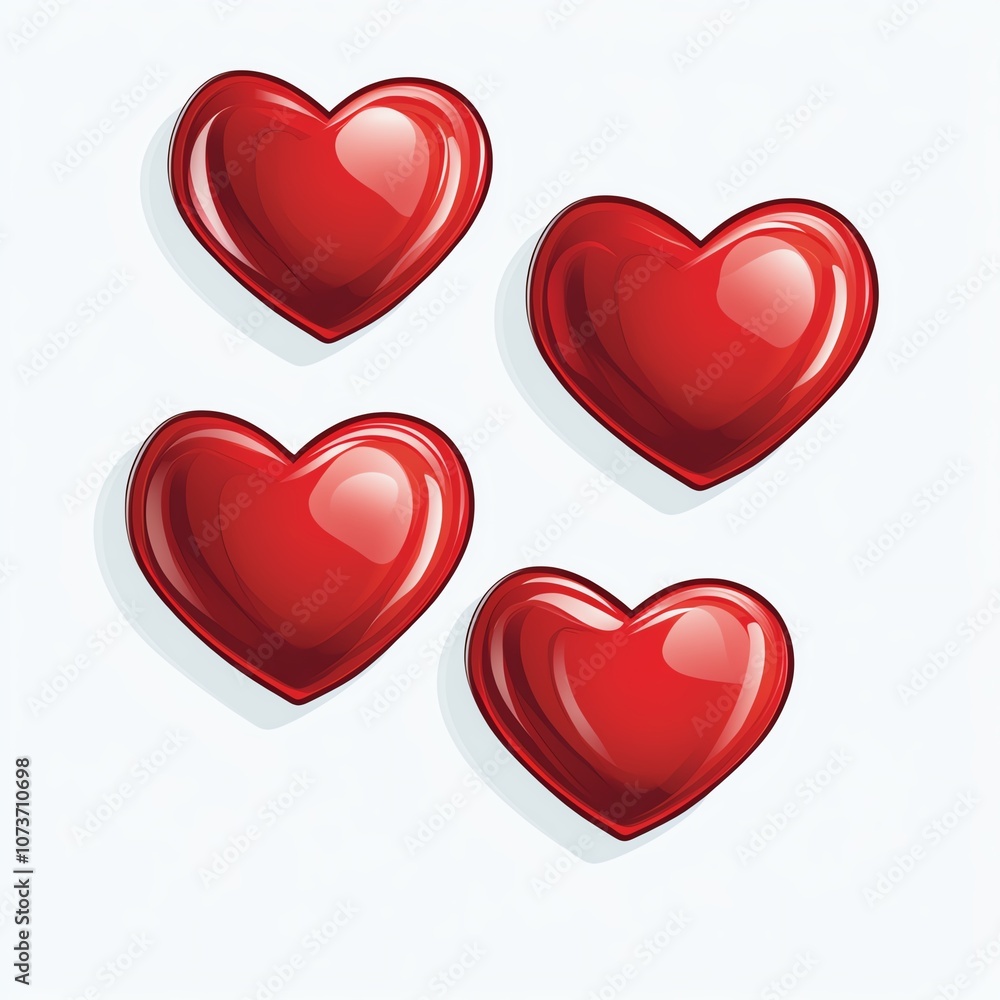Four glossy red hearts arranged together, symbolizing love, affection, and Valentine’s Day in a vibrant and appealing design. Four glossy red hearts arranged together, symbolizing love, affection, and Valentine’s Day in a vibrant and appealing design.