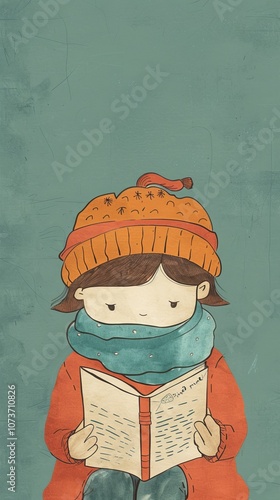 Whimsical child reading in cozy winter attire against textured green background.