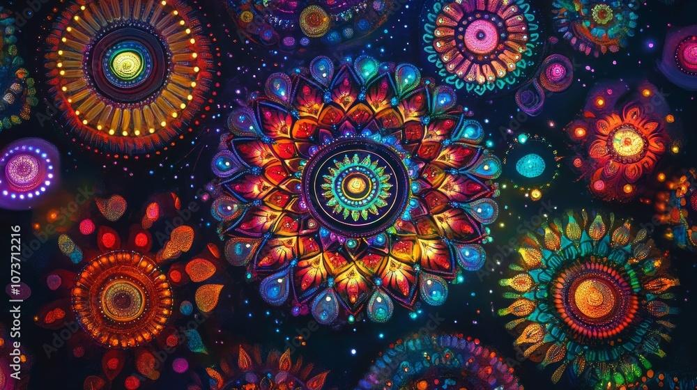 Colorful circular patterns with intricate details against a black background, resembling mandalas or floral motifs. Colorful circular patterns with intricate details against a black background, resembling mandalas or floral motifs.