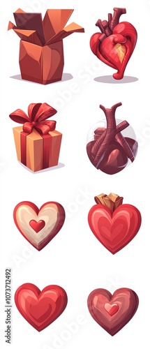 A colorful collection of hearts, gift boxes, and heart-shaped items, evoking themes of love and celebration.
