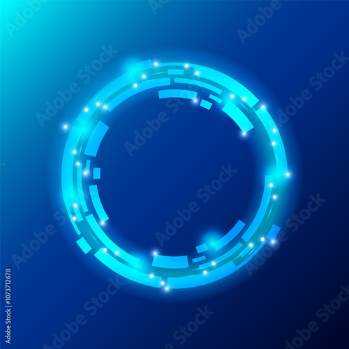 A glowing circular futuristic design on a blue background. The circle features interconnected angular shapes with small bright spots, exuding a techy, sci-fi aesthetic. Vector illustration