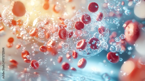An abstract representation of red blood cells suspended in liquid, with bubbles and soft lighting, creating a dynamic and colorful visual effect.