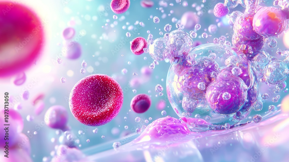 A vibrant and abstract depiction of microscopic cells and bubbles, showcasing a blend of colors in a fluid environment. A vibrant and abstract depiction of microscopic cells and bubbles, showcasing a blend of colors in a fluid environment.