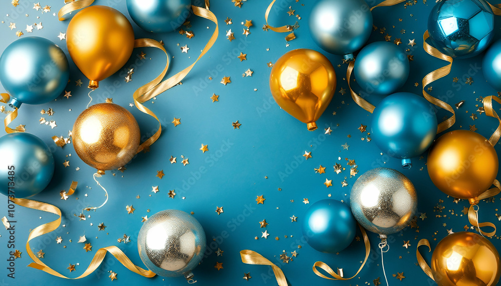 Holiday background with golden and blue metallic Holiday background with golden and blue metallic balloons, confetti and ribbons. Festive card for birthday party, anniversary, white and blue backgroun Holiday background with golden and blue metallic Holiday background with golden and blue metallic balloons, confetti and ribbons. Festive card for birthday party, anniversary, white and blue backgroun