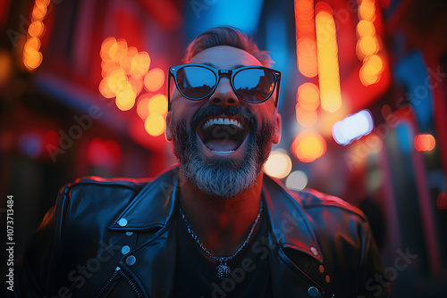 Close-up portrait of a rugged man in sunglasses and a leather jacket, illuminated by intense red neon lights, evoking a rebellious, gritty atmosphere. 