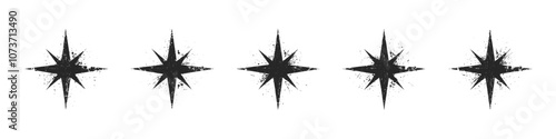 Grunge Style Textured 8 Pointed Stars Vector Set Isolated on White Background. Abstract Grungy Mysterious Esoteric Star Clipart Design Elements Collection. Mystical Magical Symbols Art Illustration
