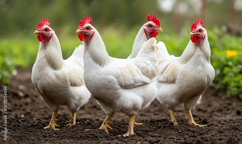 Fototapeta premium Four white chickens standing on a patch of dirt in a green field.