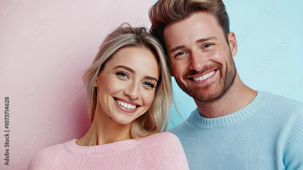 Couple smiling together against a lively pink and blue backdrop, radiating happiness and joy in a vibrant, cheerful setting Couple smiling together against a lively pink and blue backdrop, radiating happiness and joy in a vibrant, cheerful setting