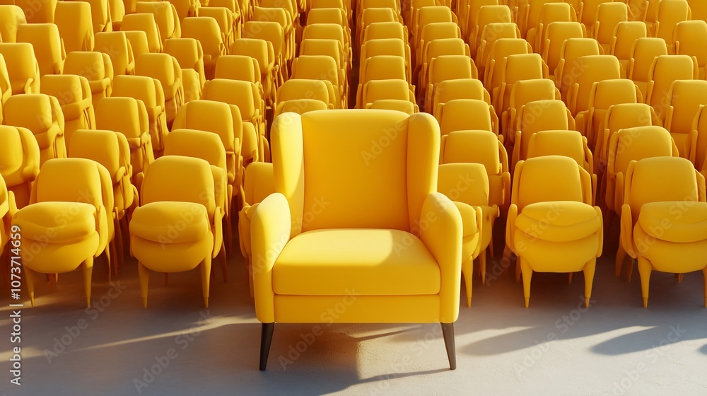 Fototapeta premium Single yellow armchair stands out from a crowd of similar chairs.