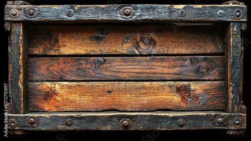 A rustic wooden crate with metal reinforcements and a weathered appearance.