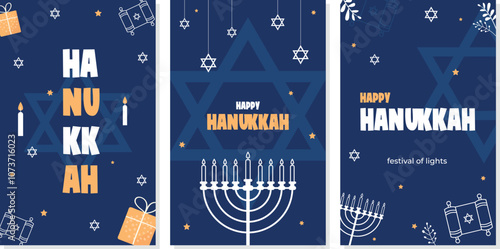 Happy Hanukkah Jewish Holiday Social Media Post Template.Hanukkah background with holiday candles and David stars. Modern paper cut design for Jewish Festival of light. Place for your text