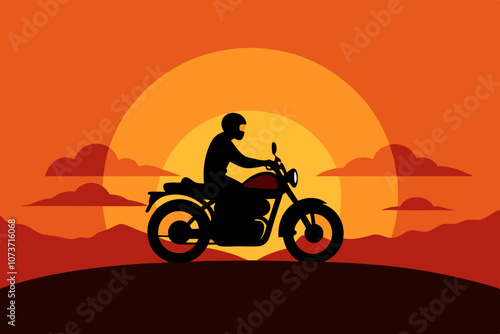 Biker Silhouette on Motorcycle with Sunset Background Style.