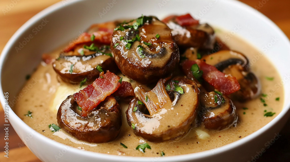 Savory creamy mushrooms with crisp bacon served in a white bowl garnished with fresh herbs in a cozy kitchen setting. Generative AI Savory creamy mushrooms with crisp bacon served in a white bowl garnished with fresh herbs in a cozy kitchen setting. Generative AI