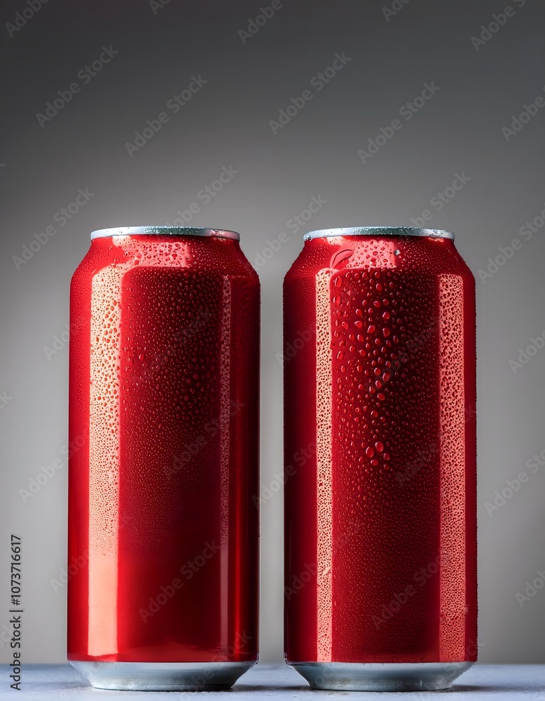 Two shiny red soda cans with condensation, standing side by side against a simple gray background. Two shiny red soda cans with condensation, standing side by side against a simple gray background.