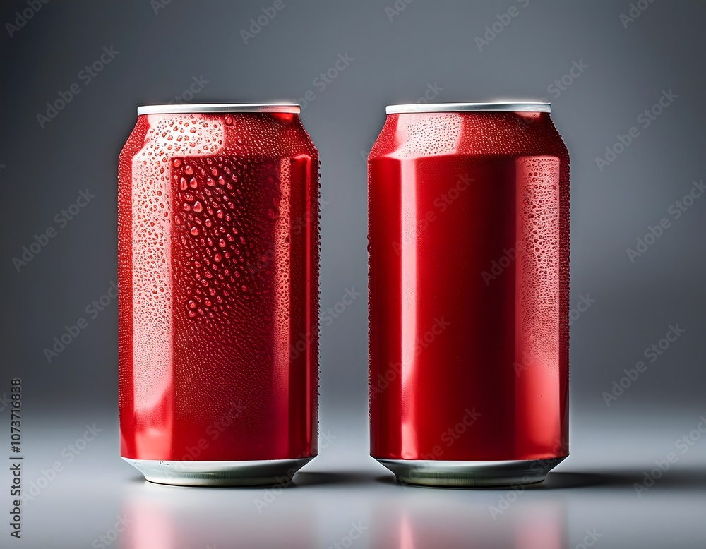 Two shiny red soda cans with condensation, standing side by side against a simple gray background. Two shiny red soda cans with condensation, standing side by side against a simple gray background.