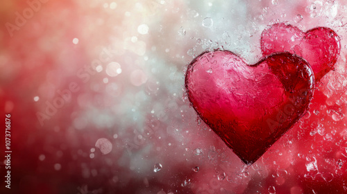 Icy red hearts against sparkling light bokeh background in romantic setting