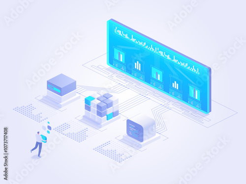 Illustration of data processing and analysis with modern technology. Featuring servers, data cubes, and a person interacting with the system. Ideal for digital analytics and tech insights