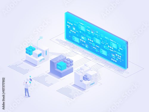 Vector illustration of data processing with AI and machine learning. Foreground features servers and a person interacting with data, emphasizing modern technology and analytics