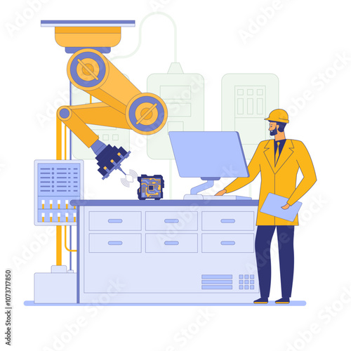 A worker in a yellow hard hat operates a robotic arm in an industrial setting. The robotic arm is handling a circuit board. The background includes machinery and control panels. Vector illustration.