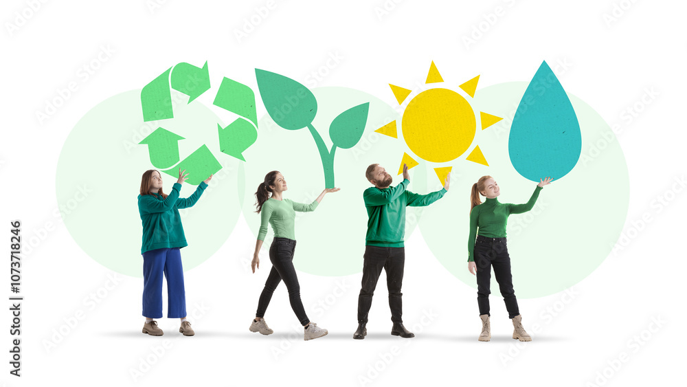 Fototapeta premium People holding symbols of renewable energy and nature, recycling, water, sun, and plants. Conceptual art collage. Concept of environmental care, green technology, sustainability, nature protection.