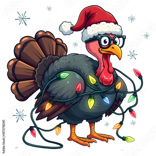 Funny santa turkey cartoon with nerdy glasses tangled in christmas lights and snowflakes on transparent background photo