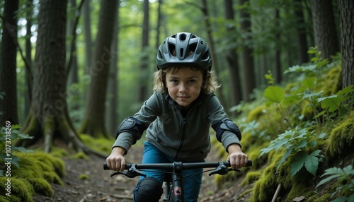 Achiever young boy cycling in a lush green forest