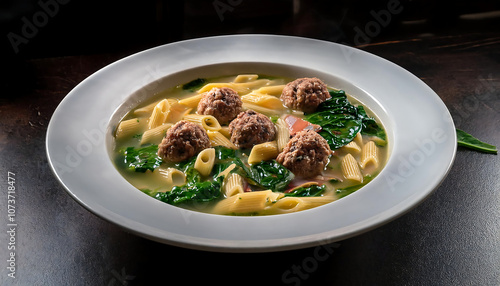  Clear Italian broth surrounds tender pasta, savory meatballs, and fresh spinach, creating a_1(382)