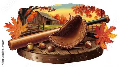 Autumn baseball scene with bat, glove, and fall leaves by a barn.