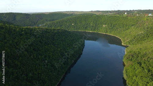 Aerial drone footage of green hills on the Parana River, Teju Cuare Park, Argentina photo