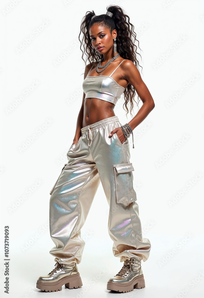 Stylish Pop Diva in Metallic Silver Outfit with Dramatic Loo Stylish Pop Diva in Metallic Silver Outfit with Dramatic Loo