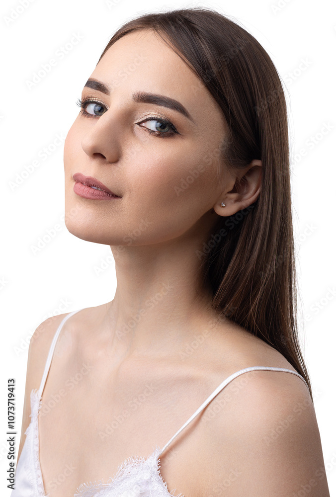 Beautiful smiling woman with clean skin, natural make-up and white teeth on a gray background Beautiful smiling woman with clean skin, natural make-up and white teeth on a gray background