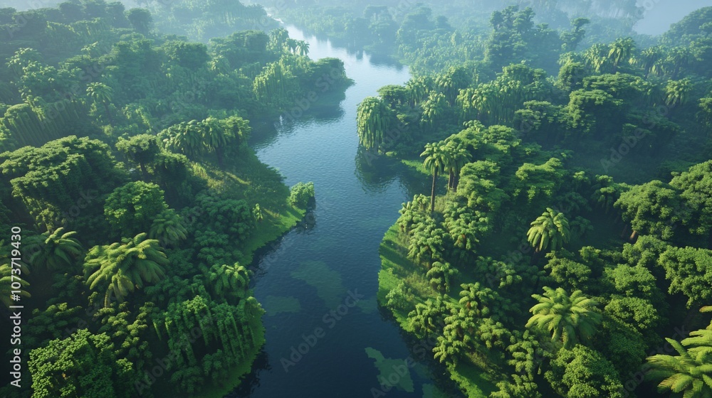 An aerial view of a lush tropical jungle with a winding river flowing through it. The trees are dense and green, and the water is clear and blue. An aerial view of a lush tropical jungle with a winding river flowing through it. The trees are dense and green, and the water is clear and blue.
