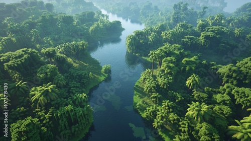 An aerial view of a lush tropical jungle with a winding river flowing through it. The trees are dense and green, and the water is clear and blue.