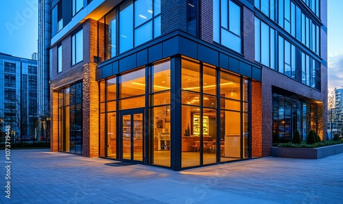 Modern building with glass facade and storefront illuminated at dusk.