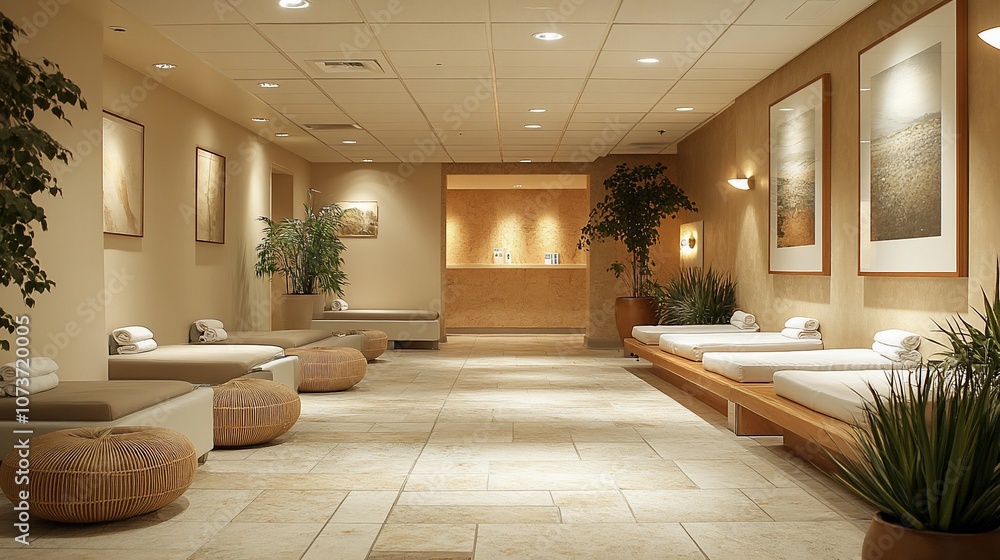 A relaxing spa area with white loungers, wicker ottomans, and artwork. A relaxing spa area with white loungers, wicker ottomans, and artwork.