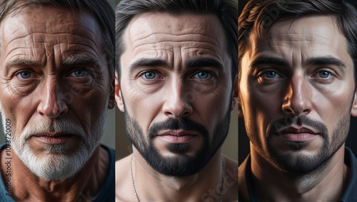 Three male portraits, diverse ages and styles, realistic expressions, detailed artwork, with neutral background, copy space