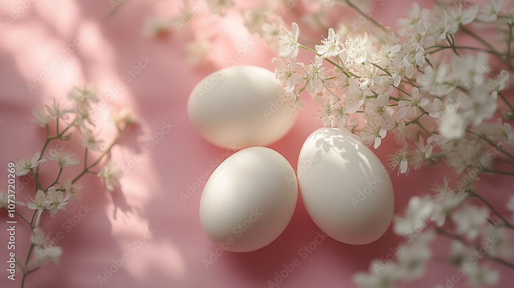Elegant arrangement of three white eggs surrounded by delicate flowers on a soft pink background Elegant arrangement of three white eggs surrounded by delicate flowers on a soft pink background