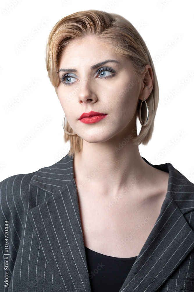 Portrait of a seductive, stylish business lady in the studio. Blonde girl in a suit and top. Portrait of a seductive, stylish business lady in the studio. Blonde girl in a suit and top.