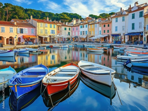 Colorful boats reflecting on the calm water of port grimaud, french riviera