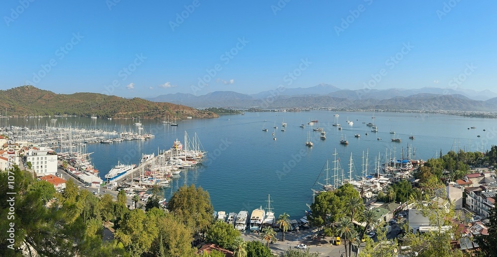 Beautiful panoramic view of Fethiye Harbor in Turkey